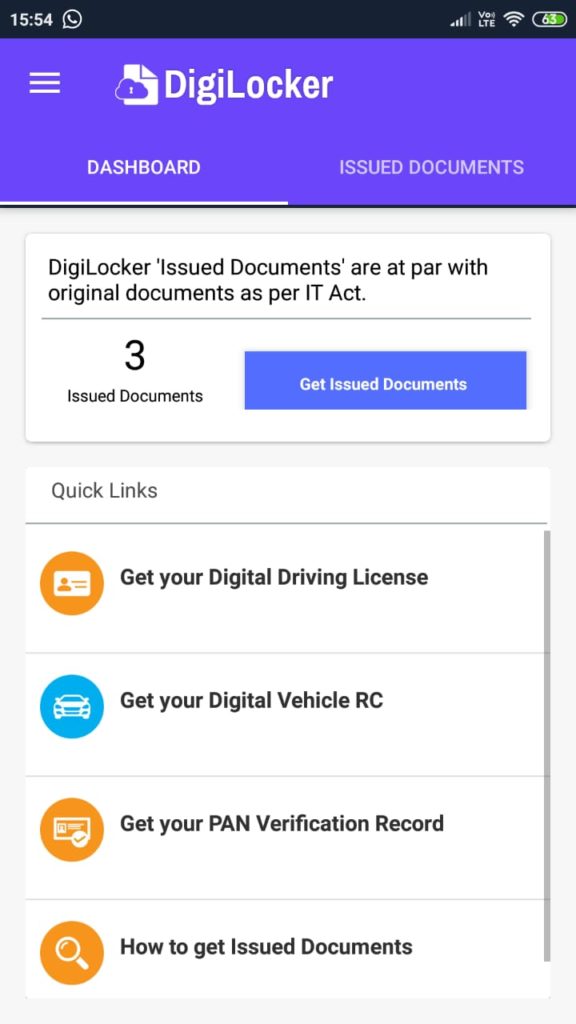 issue documents on digi locker application